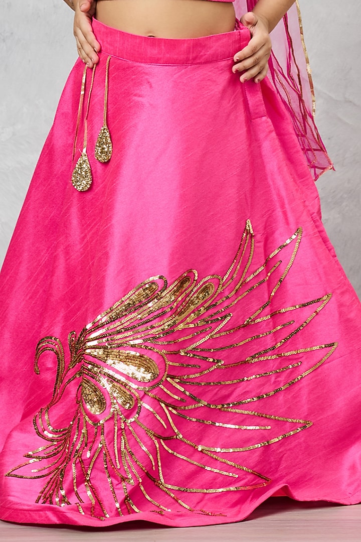 Pink Raw Silk Hand Embroidered Lehenga Set For Girls by Pink Cow at Pernia's Pop Up Shop
