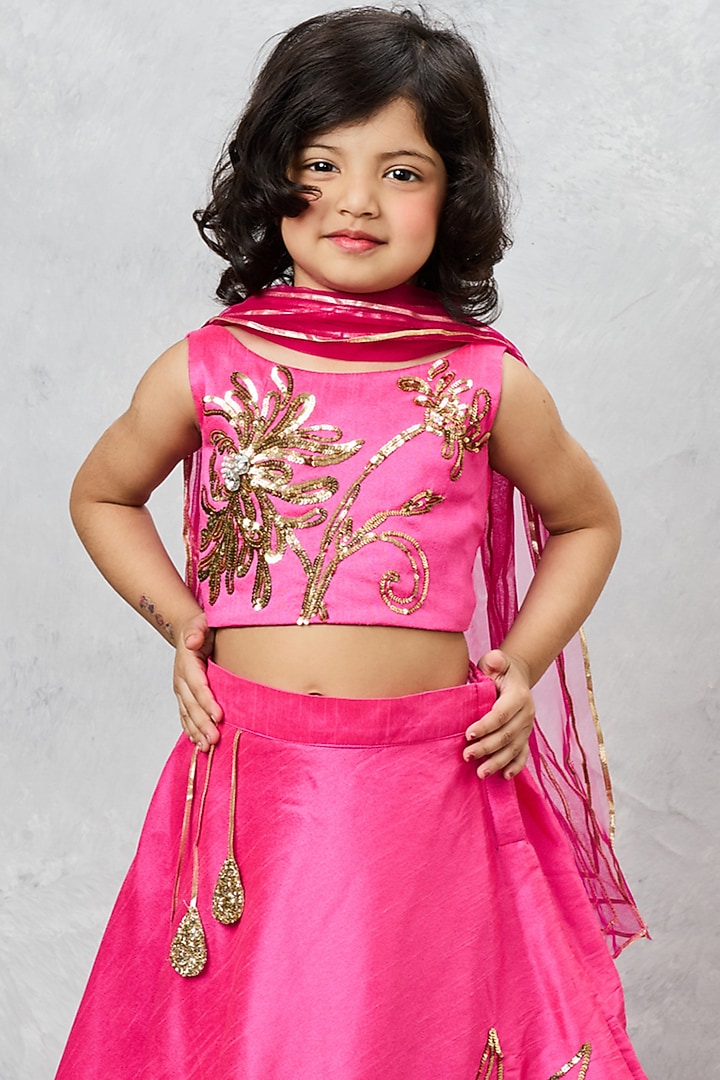 Pink Raw Silk Hand Embroidered Lehenga Set For Girls by Pink Cow at Pernia's Pop Up Shop