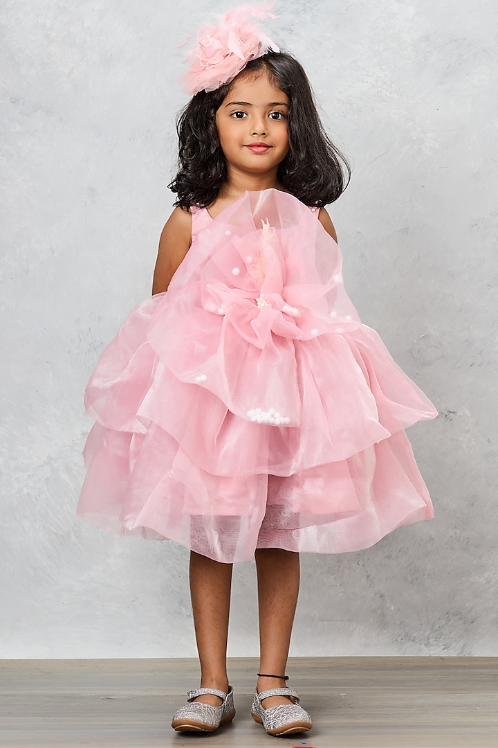 Peach Organza Floral Embellished Ruffled Dress For Girls by Pink Cow at Pernia's Pop Up Shop