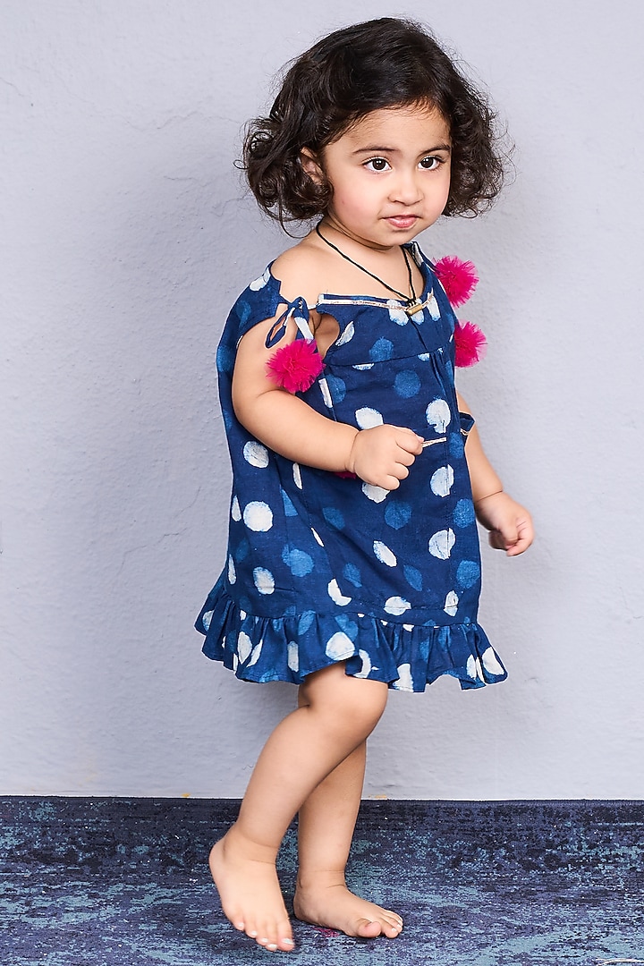 Navy Blue Cotton Polka Dot Dress For Girls by Pink Cow at Pernia's Pop Up Shop