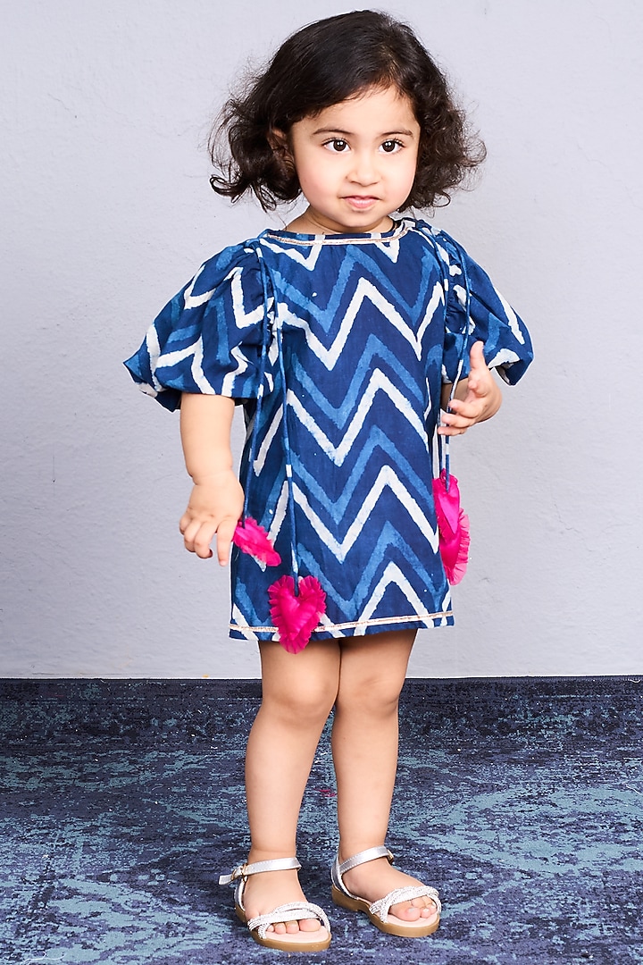 Navy Blue Cotton Zig-Zag Printed Dress For Girls by Pink Cow at Pernia's Pop Up Shop