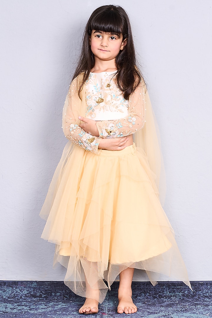 Cream Scuba & Net Asymmetrical Skirt Set For Girls by Pink Cow at Pernia's Pop Up Shop