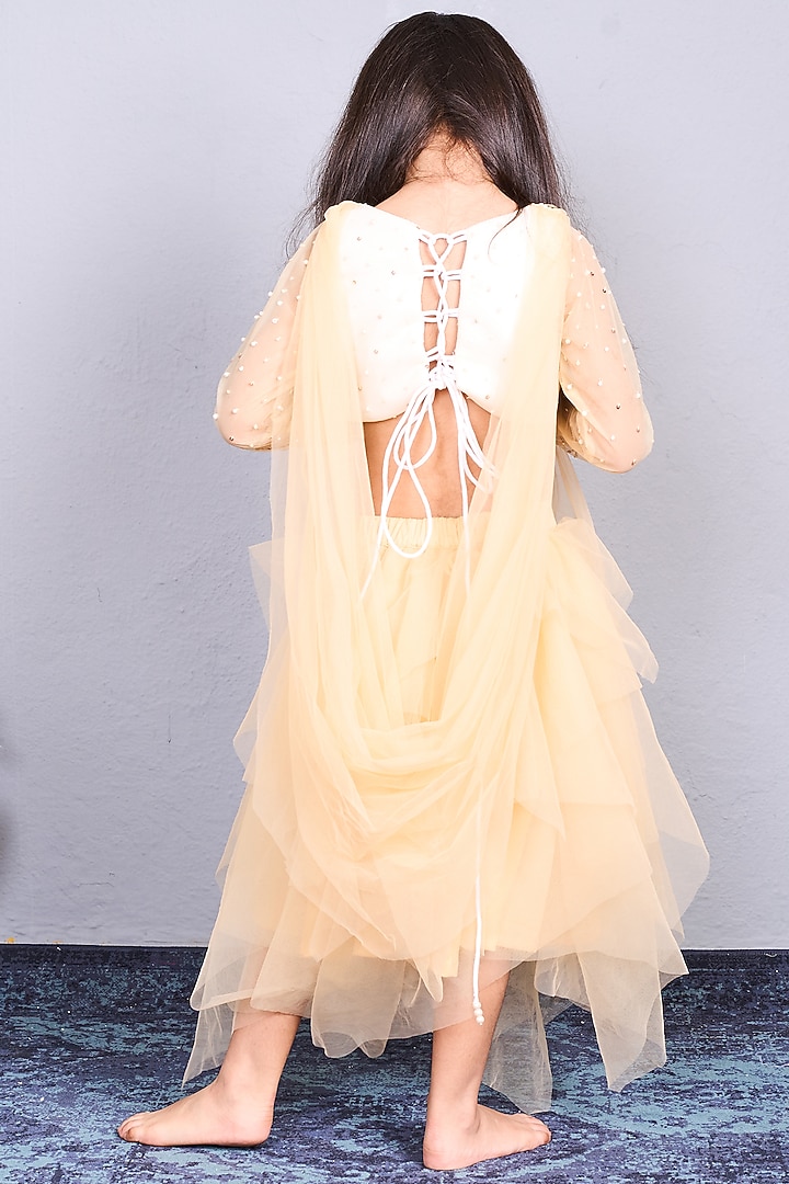 Cream Scuba & Net Asymmetrical Skirt Set For Girls by Pink Cow at Pernia's Pop Up Shop
