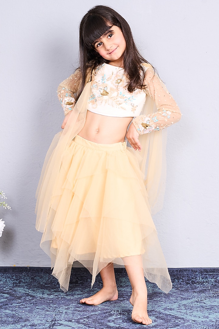 Cream Scuba & Net Asymmetrical Skirt Set For Girls by Pink Cow at Pernia's Pop Up Shop