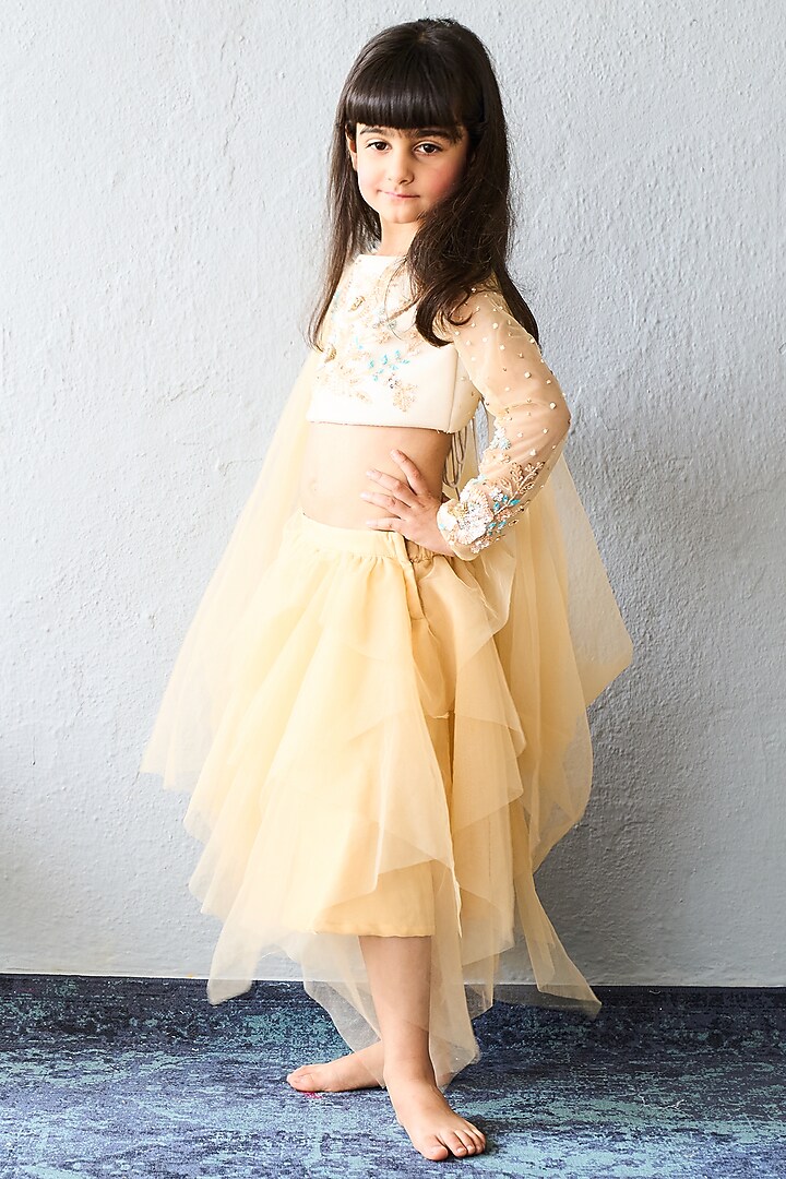 Cream Scuba & Net Asymmetrical Skirt Set For Girls by Pink Cow at Pernia's Pop Up Shop