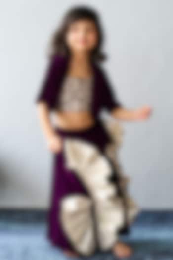 Maroon Velvet Ruffled Lehenga Set For Girls by Pink Cow at Pernia's Pop Up Shop