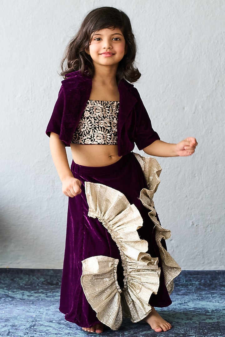 Maroon Velvet Ruffled Lehenga Set For Girls by Pink Cow at Pernia's Pop Up Shop