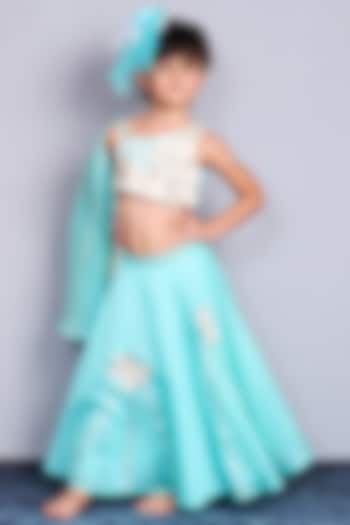 Blue Chanderi Floral Applique Embroidered Lehenga Set For Girls by Pink Cow at Pernia's Pop Up Shop