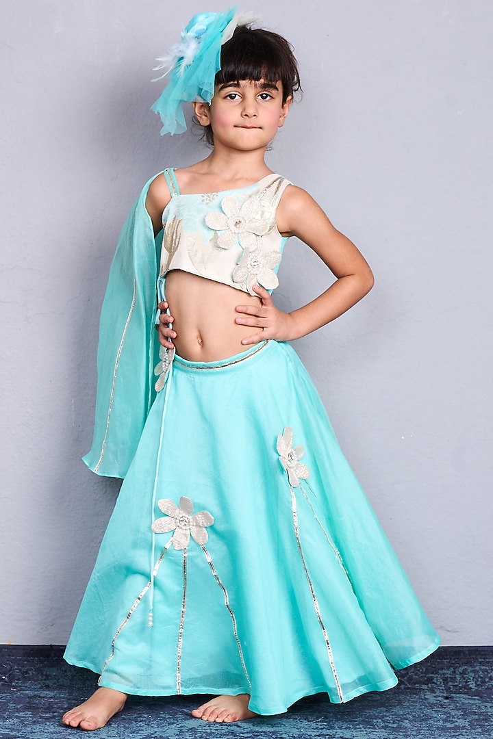 Blue Chanderi Floral Applique Embroidered Lehenga Set For Girls by Pink Cow at Pernia's Pop Up Shop