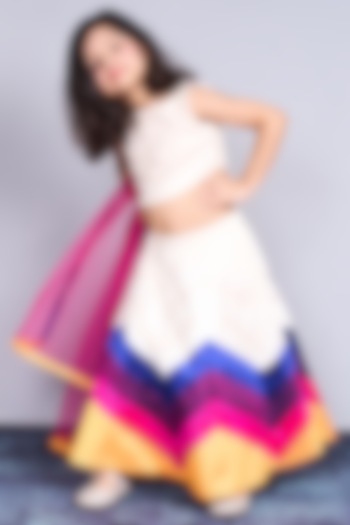 Cream Taffeta Zig-Zag Striped Lehenga Set For Girls by Pink Cow at Pernia's Pop Up Shop