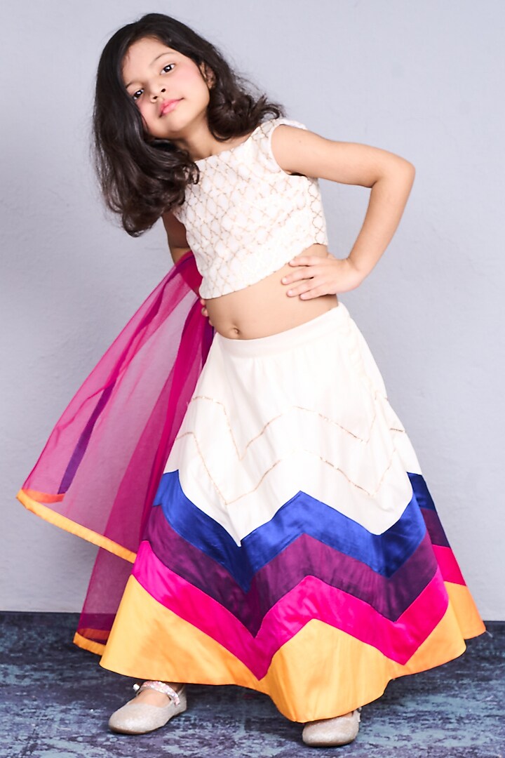 Cream Taffeta Zig-Zag Striped Lehenga Set For Girls by Pink Cow at Pernia's Pop Up Shop