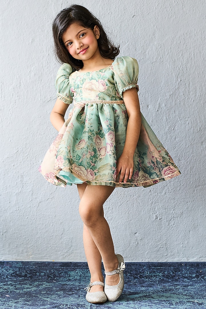Pastel Green Organza Floral Printed Dress For Girls by Pink Cow at Pernia's Pop Up Shop