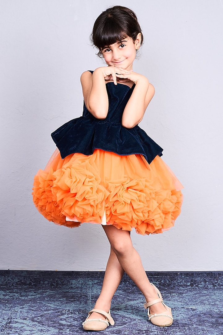 Navy Blue & Orange Net Peplum Ruffled Dress For Girls by Pink Cow at Pernia's Pop Up Shop
