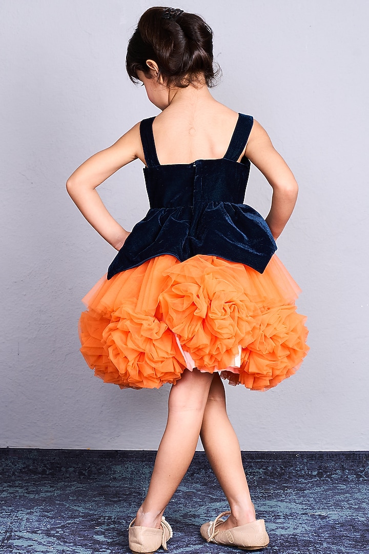 Navy Blue & Orange Net Peplum Ruffled Dress For Girls by Pink Cow at Pernia's Pop Up Shop