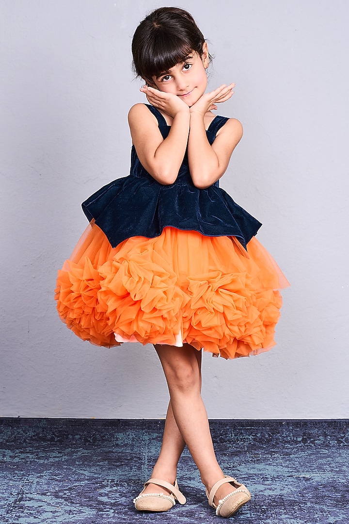 Navy Blue & Orange Net Peplum Ruffled Dress For Girls by Pink Cow at Pernia's Pop Up Shop
