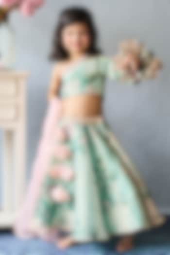 Pastel Green Organza Floral Printed Lehenga Set For Girls by Pink Cow at Pernia's Pop Up Shop