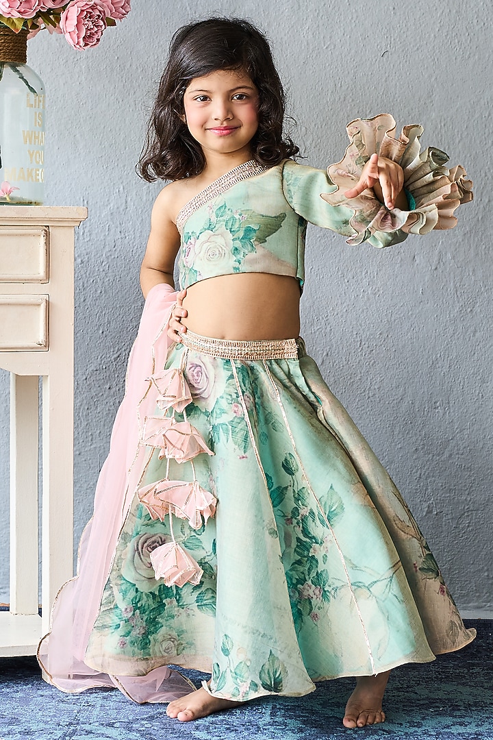 Pastel Green Organza Floral Printed Lehenga Set For Girls by Pink Cow at Pernia's Pop Up Shop