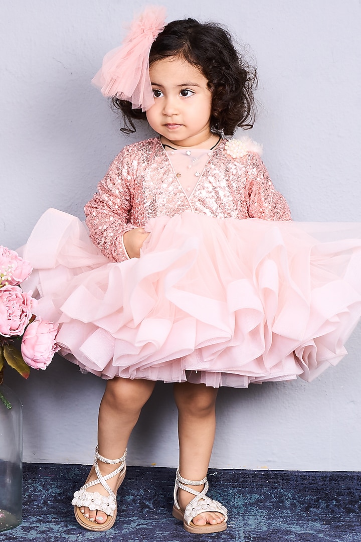 Peach Net & Sequins Flared Dress For Girls by Pink Cow at Pernia's Pop Up Shop
