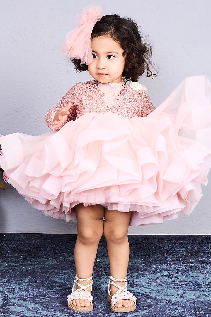 Peach Net & Sequins Flared Dress For Girls by Pink Cow at Pernia's Pop Up Shop