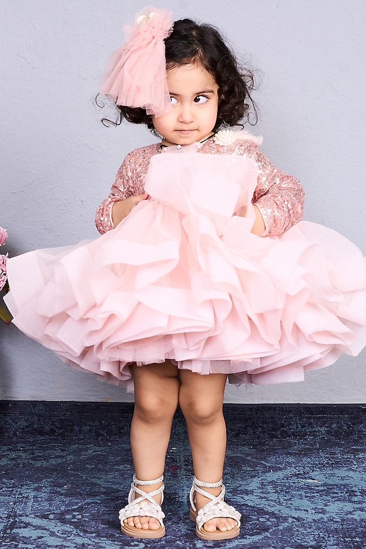 Peach Net & Sequins Flared Dress For Girls by Pink Cow at Pernia's Pop Up Shop