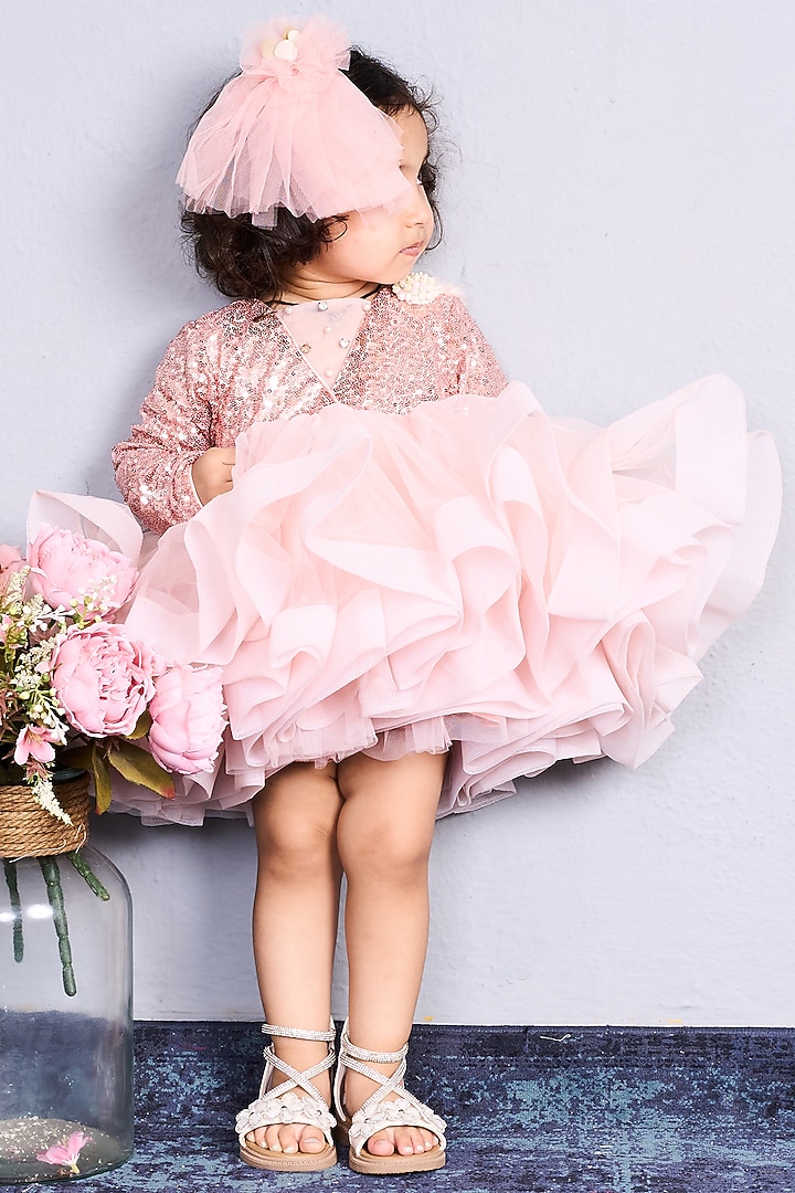 Peach Net & Sequins Flared Dress For Girls by Pink Cow at Pernia's Pop Up Shop