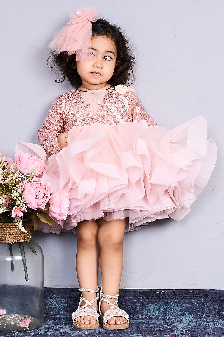 Peach Net & Sequins Flared Dress For Girls by Pink Cow at Pernia's Pop Up Shop