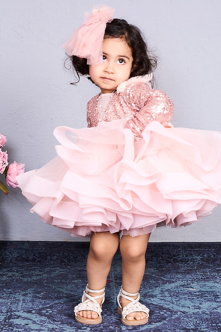 Peach Net & Sequins Flared Dress For Girls by Pink Cow at Pernia's Pop Up Shop