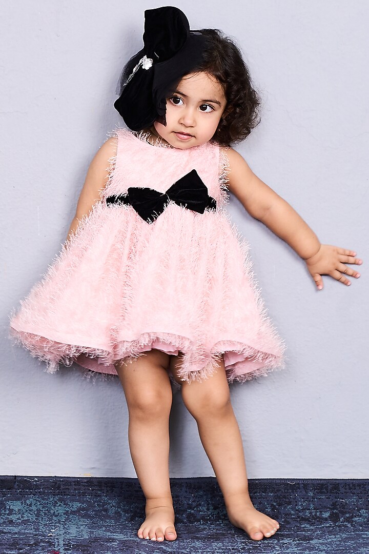 Pink & Black Soft Textured Bow Dress For Girls by Pink Cow at Pernia's Pop Up Shop