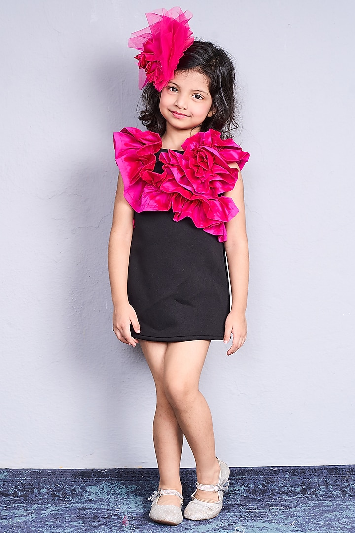 Pink & Black Scuba A-Line Ruffled Dress For Girls by Pink Cow at Pernia's Pop Up Shop