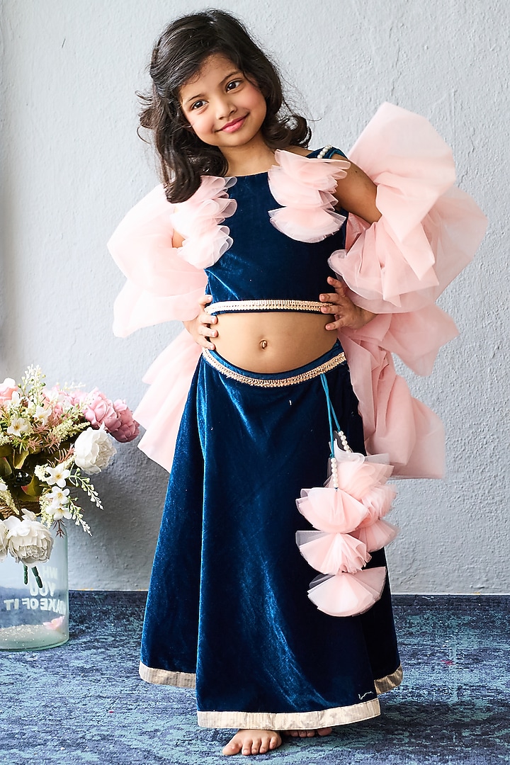 Navy Blue Velvet Lehenga Set For Girls by Pink Cow at Pernia's Pop Up Shop