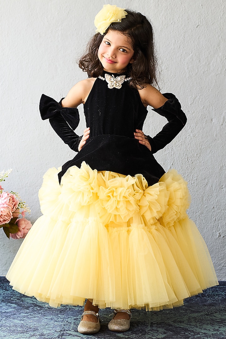 Black & Yellow Net Layered Dress For Girls by Pink Cow at Pernia's Pop Up Shop