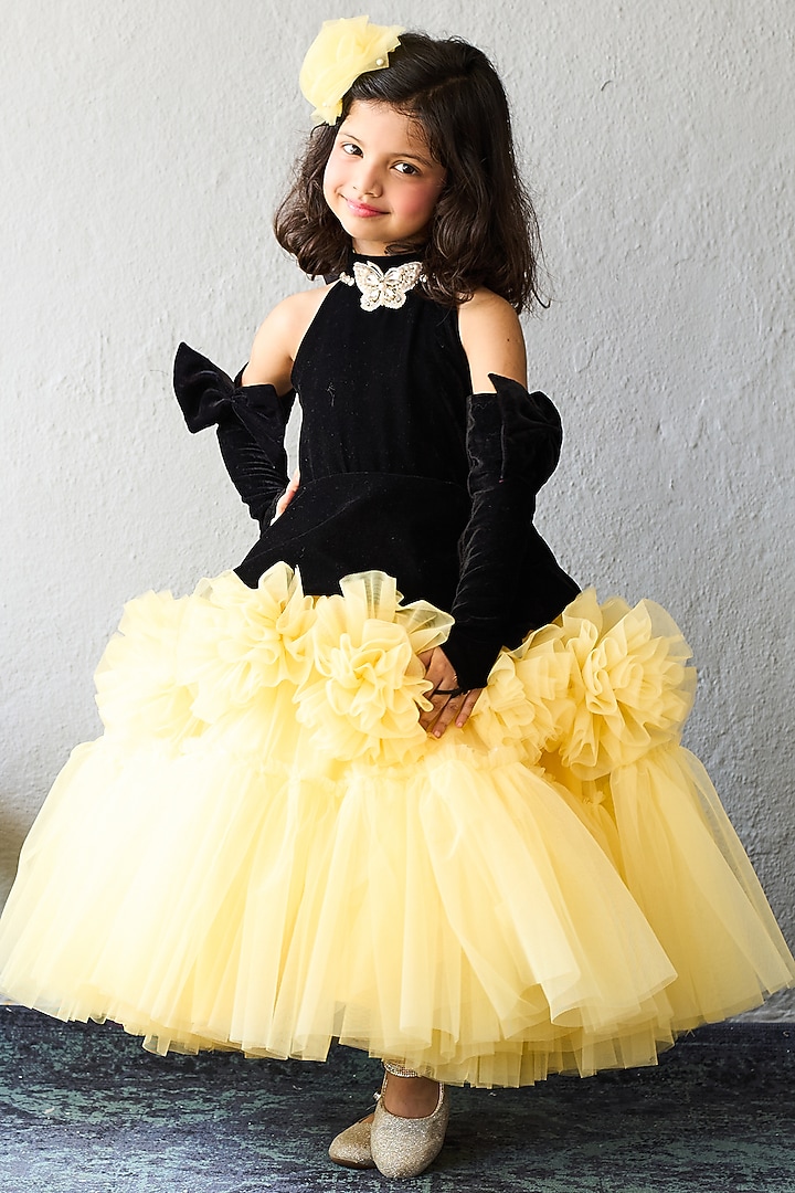Black & Yellow Net Layered Dress For Girls by Pink Cow at Pernia's Pop Up Shop