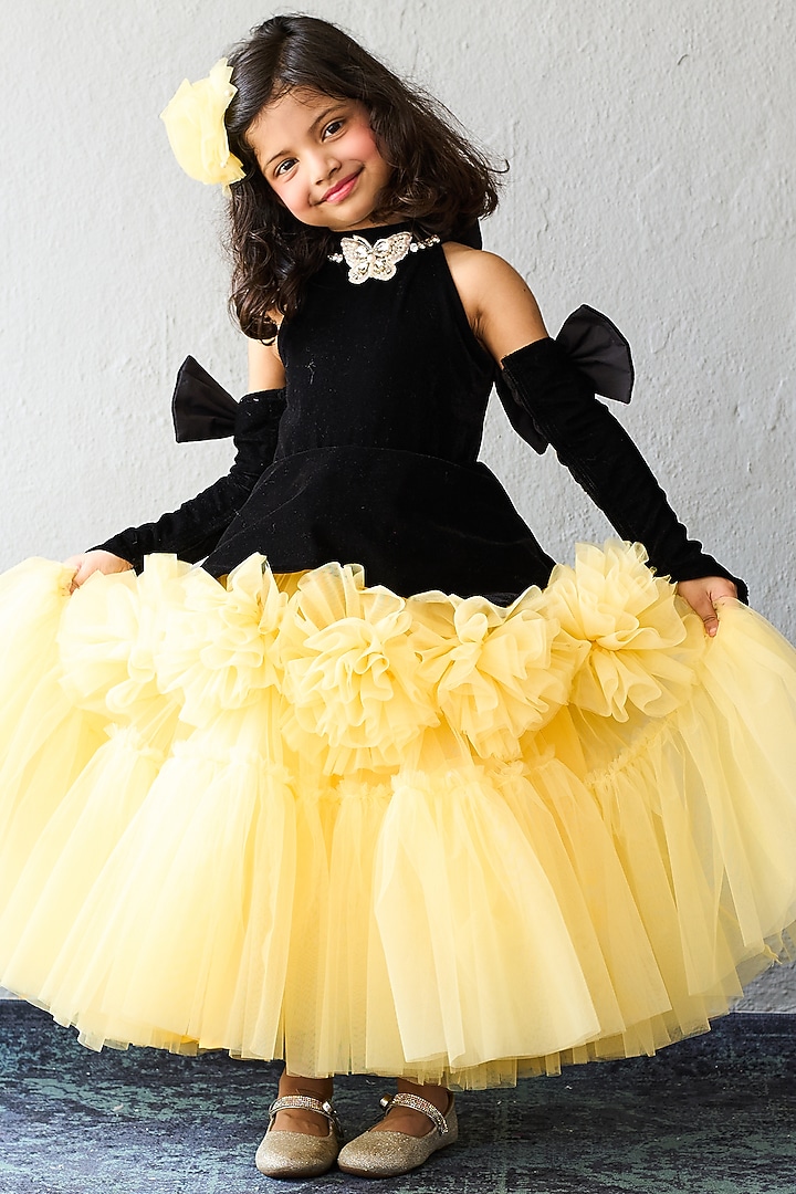 Black & Yellow Net Layered Dress For Girls by Pink Cow at Pernia's Pop Up Shop