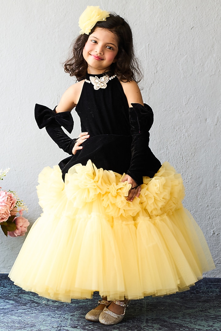 Black & Yellow Net Layered Dress For Girls by Pink Cow at Pernia's Pop Up Shop