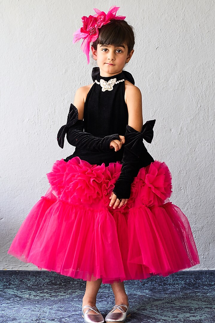 Black & Pink Net Layered Dress For Girls by Pink Cow at Pernia's Pop Up Shop