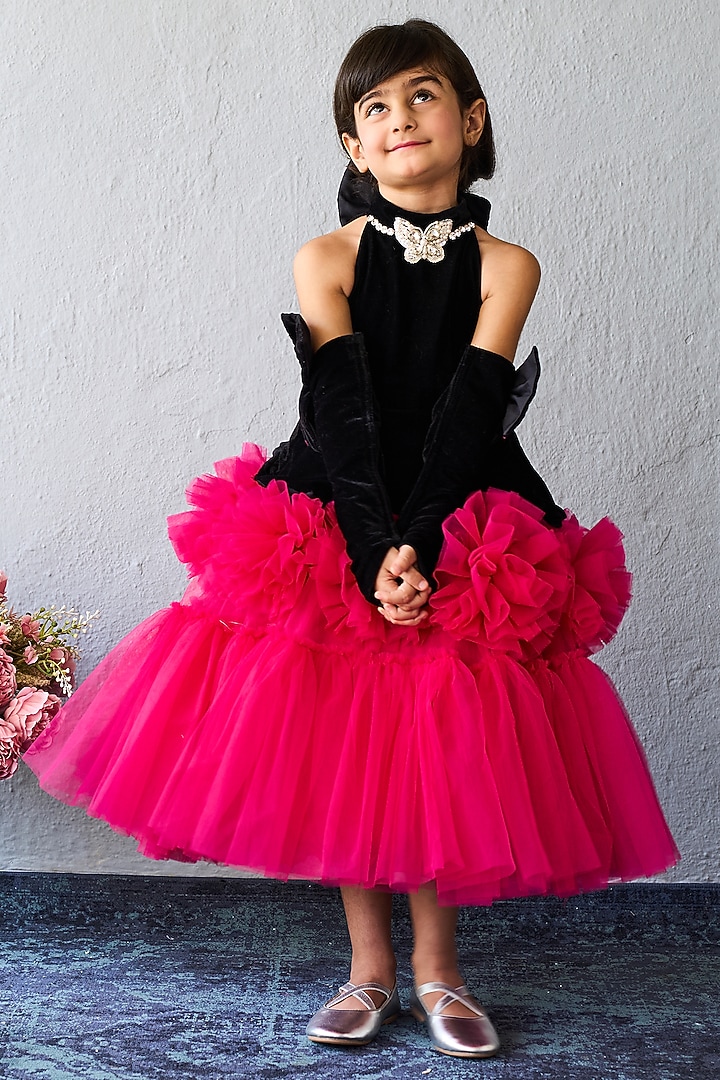 Black & Pink Net Layered Dress For Girls by Pink Cow at Pernia's Pop Up Shop