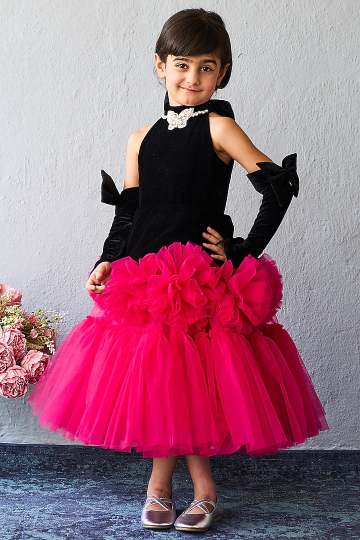 Black & Pink Net Layered Dress For Girls by Pink Cow at Pernia's Pop Up Shop