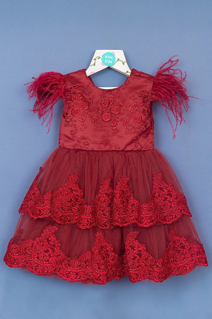 Maroon Satin Embroidered Dress For Girls by Pink Cow