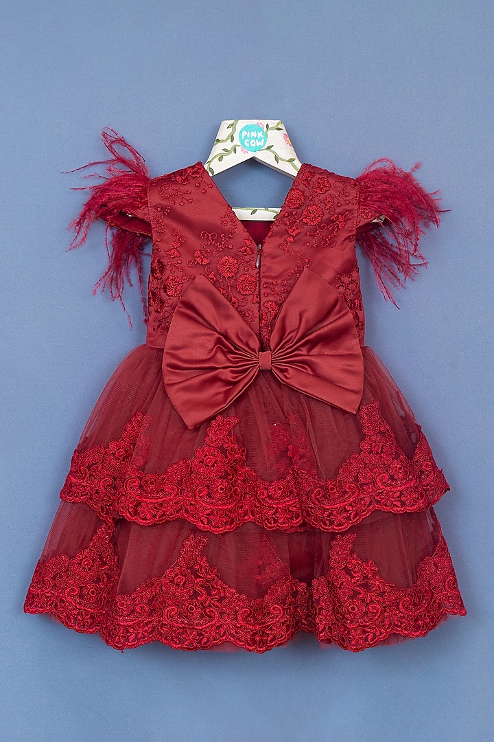 Maroon Satin Embroidered Dress For Girls by Pink Cow at Pernia's Pop Up Shop