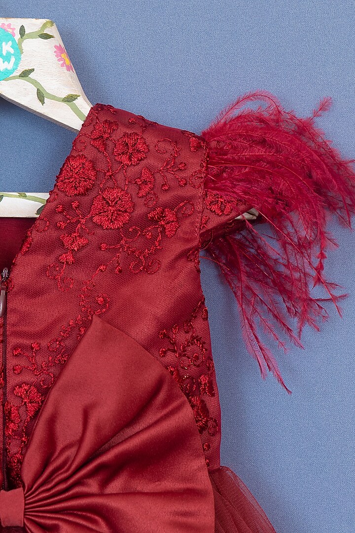 Maroon Satin Embroidered Dress For Girls by Pink Cow at Pernia's Pop Up Shop