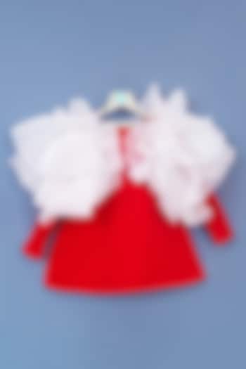 White & Red Neoprene Ruffled Dress For Girls by Pink Cow