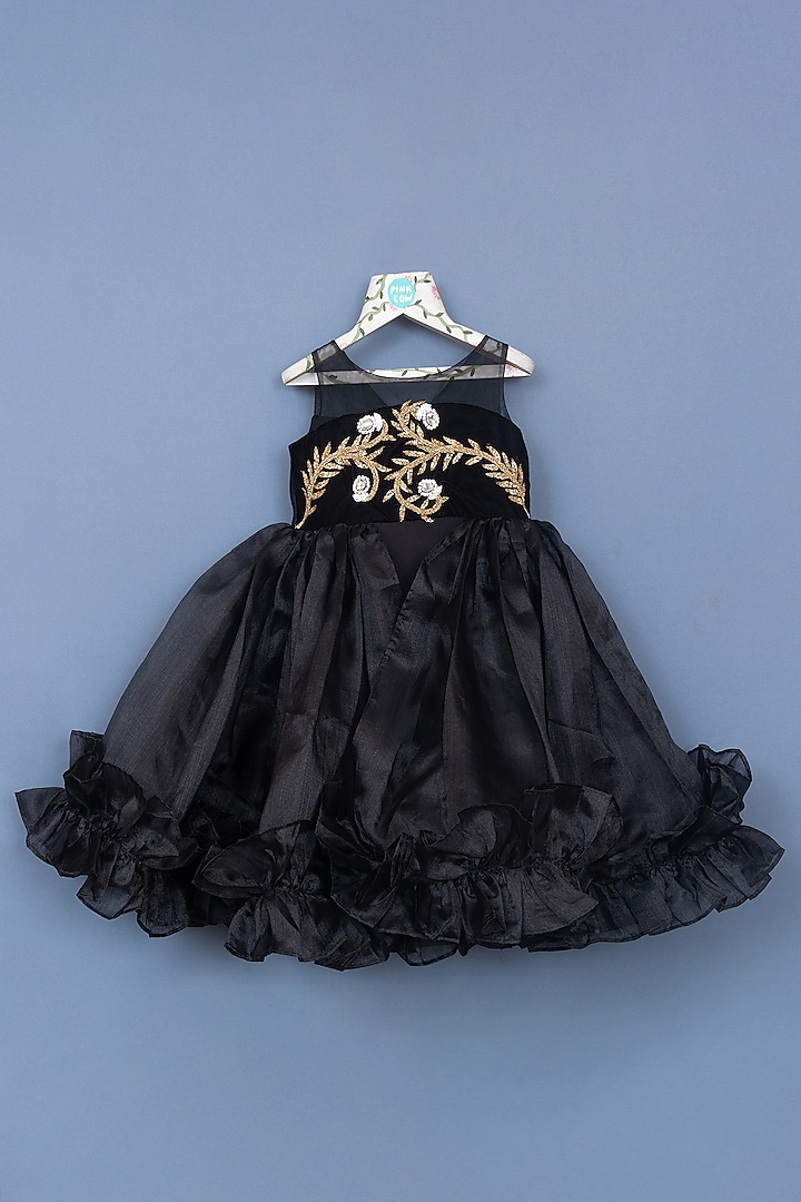 Black Organza Embellished Gown For Girls by Pink Cow