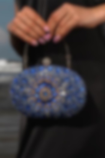 Blue Polyester Embellished Clutch by Pine & Drew