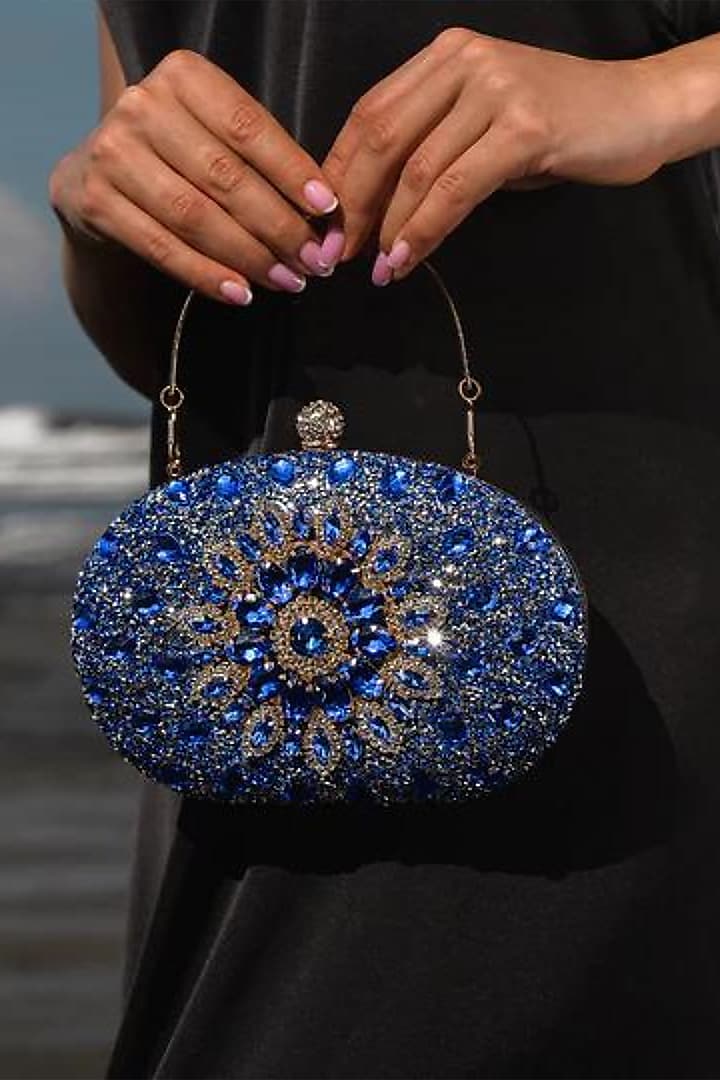 Blue Polyester Embellished Clutch by Pine & Drew