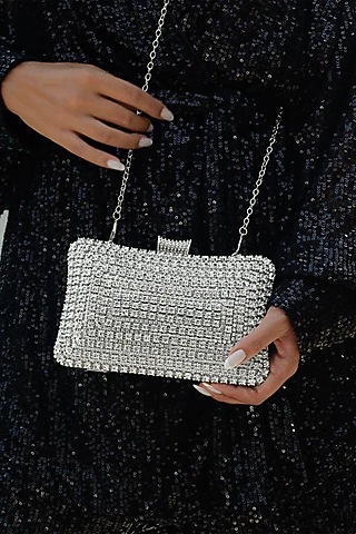 Silver PU Leather Embellished Clutch by Pine & Drew