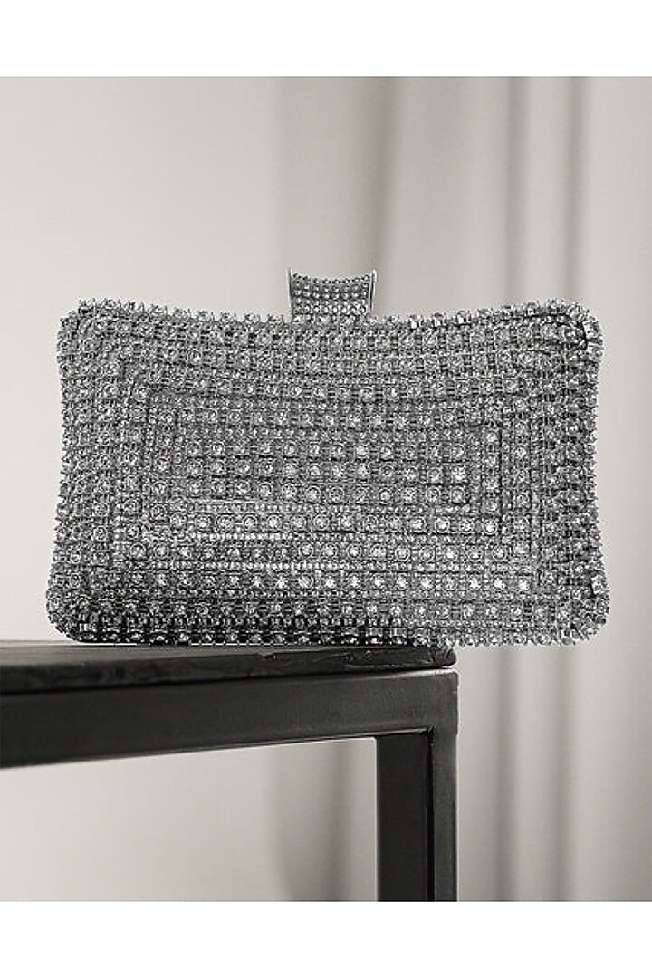 Silver PU Leather Embellished Clutch by Pine & Drew at Pernia's Pop Up Shop