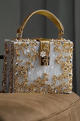 White & Gold Acrylic Floral Clutch by Pine & Drew
