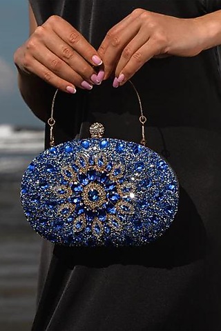 Blue Polyester Diamond Embellished Clutch by Pine & Drew