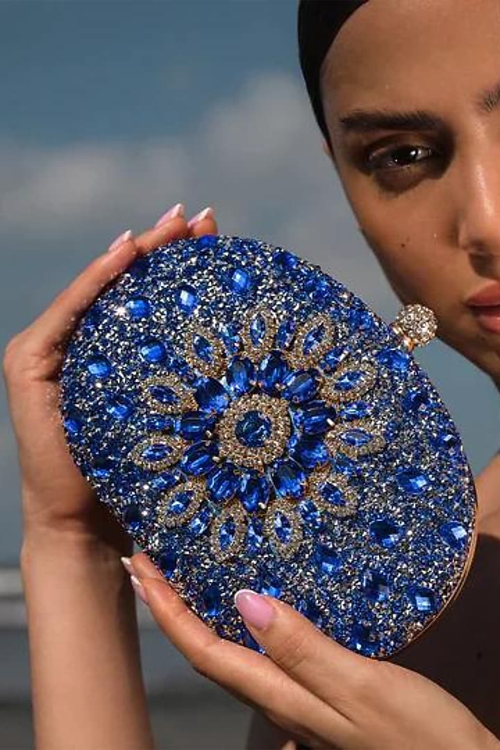 Blue Polyester Diamond Embellished Clutch by Pine & Drew at Pernia's Pop Up Shop