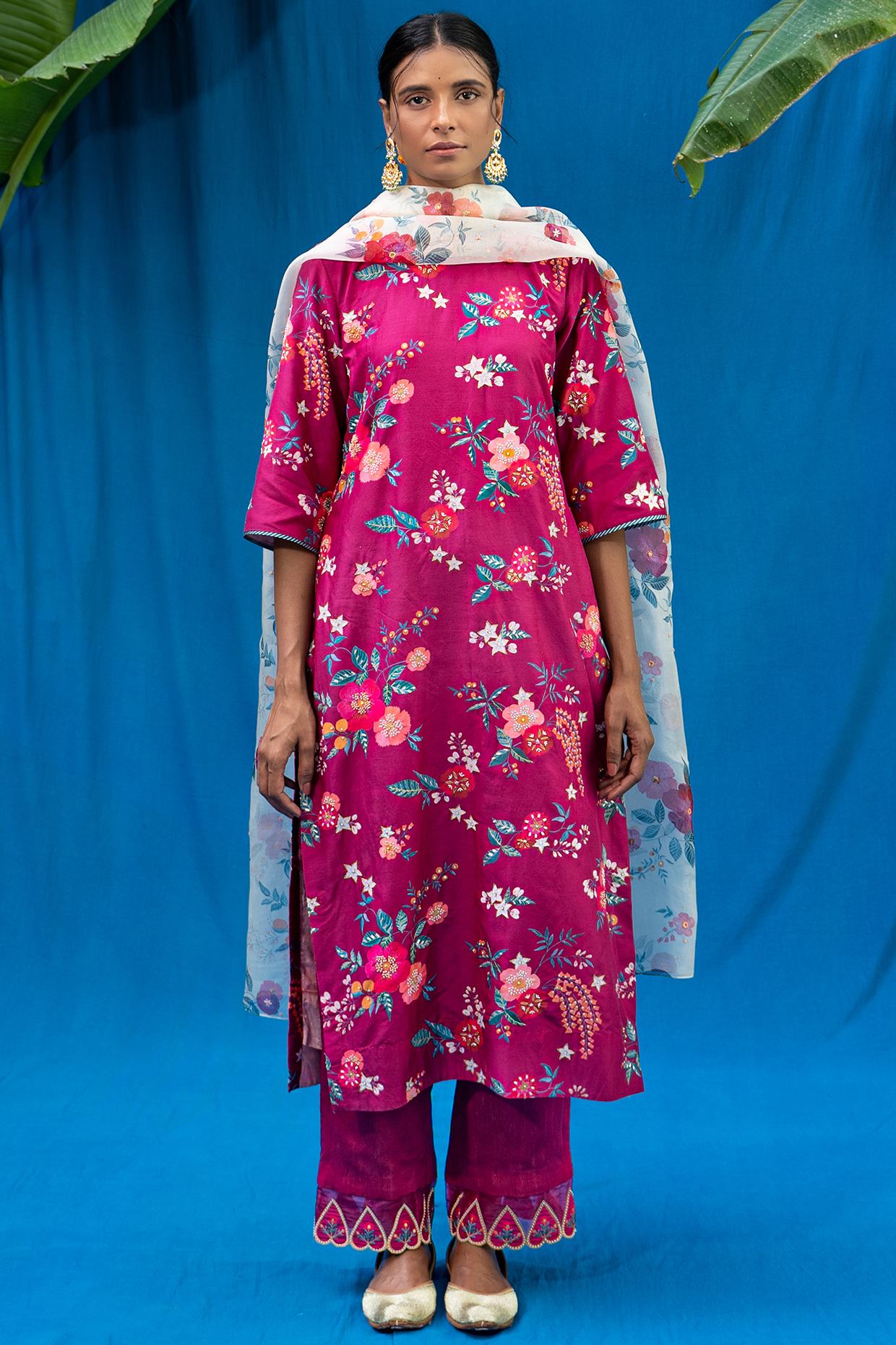 Burgundy Printed & Hand Embroidered Kurta Set by Pita Nila at Pernia's Pop Up Shop